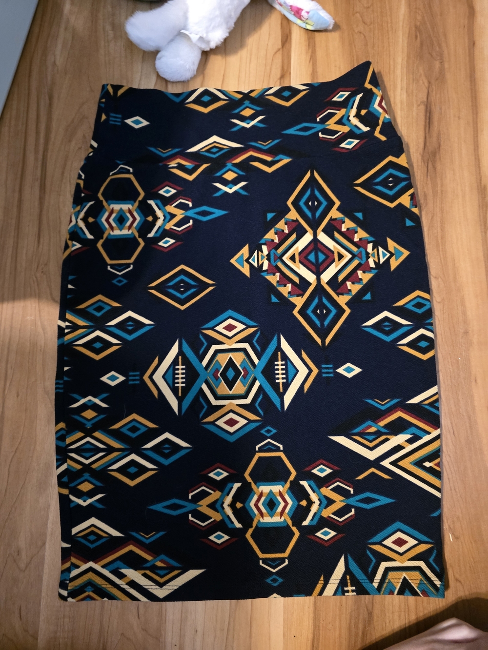 LuLaRoe Navy Pencil Skirt with Teal, Mustard & Cream Geometric Print
